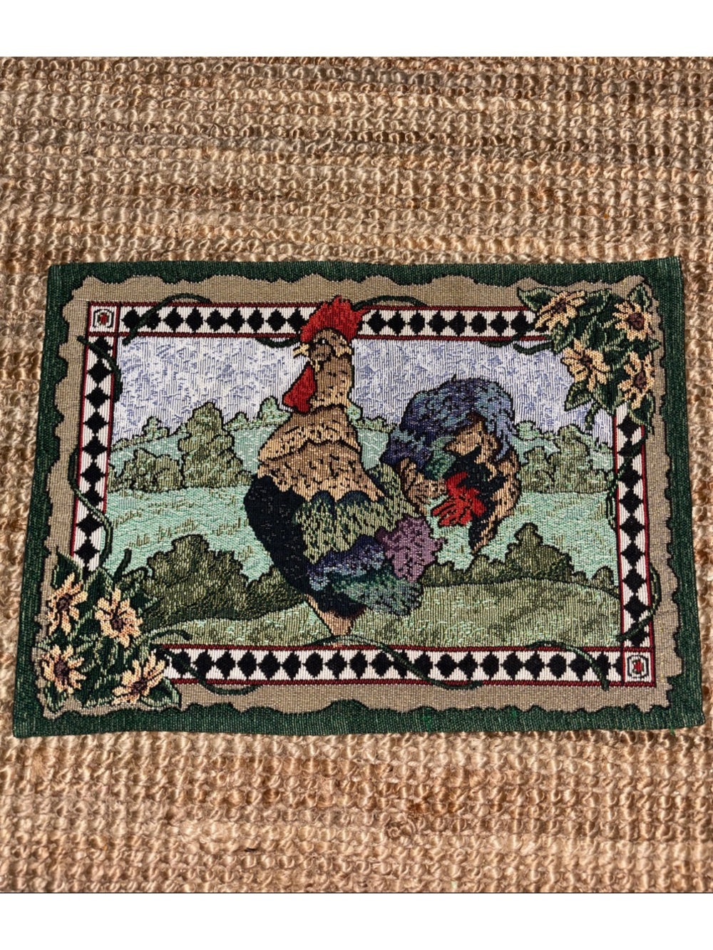 Vintage Beth Yarbrough Country Farmhouse Woven Rooster Tapestry Placemat Set. 8